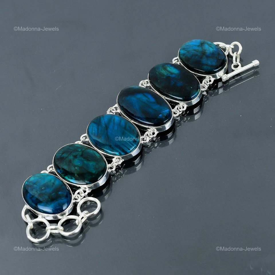 Oval Neon Flash Labradorite Gemstone Chain Bezel New Bracelet Jewelry 925 Silver - Image 4 of 4