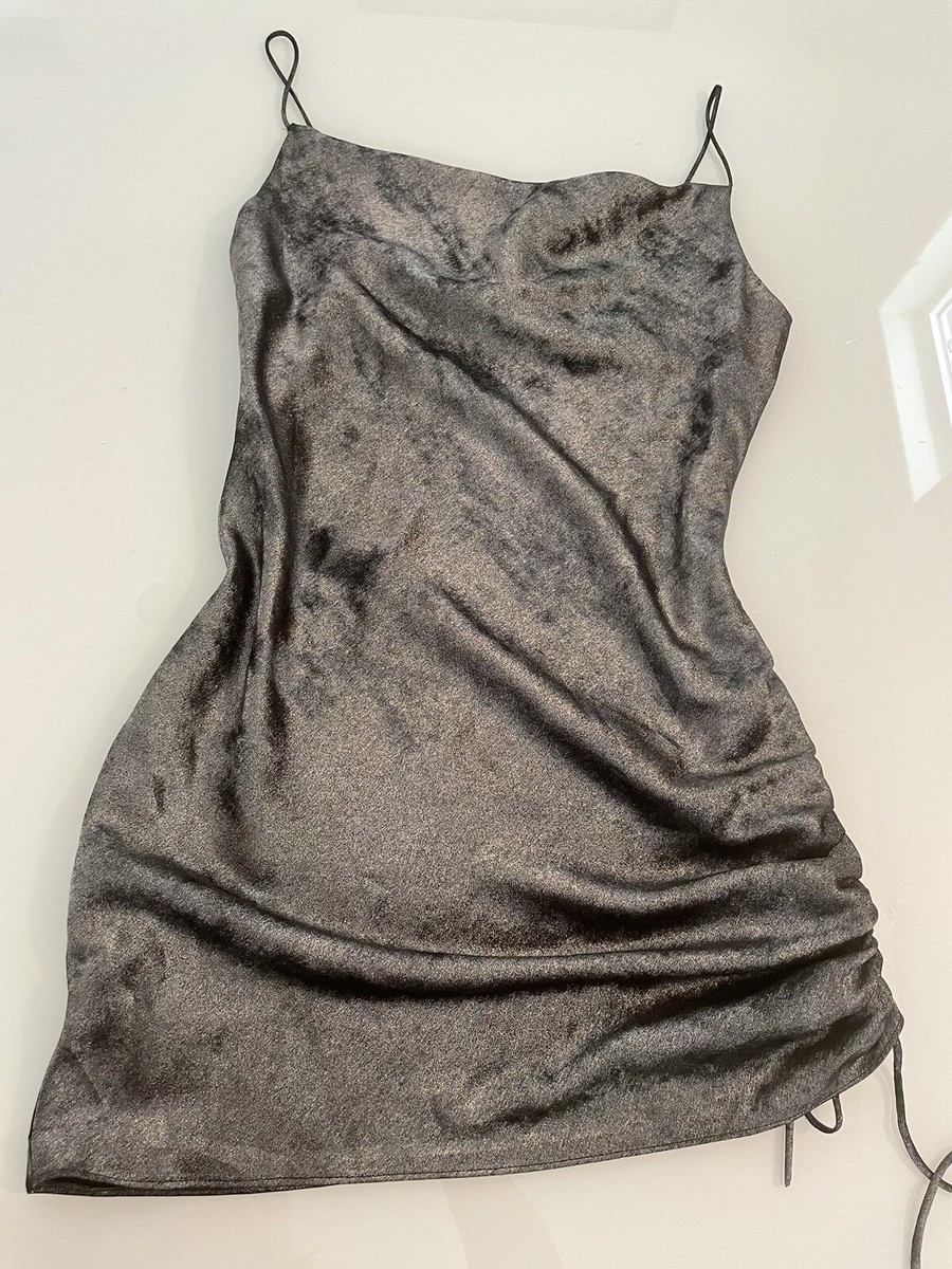 topshop grey dress Topshop Metallic Foil Spaghetti Strap Bodycon Mini Dress Grey Silver Size 2