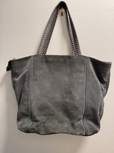 ALLSAINTS Tote Bag Large Gray Beige Suede Whip Stitch Accent 3 Compartments - Picture 8 of 9