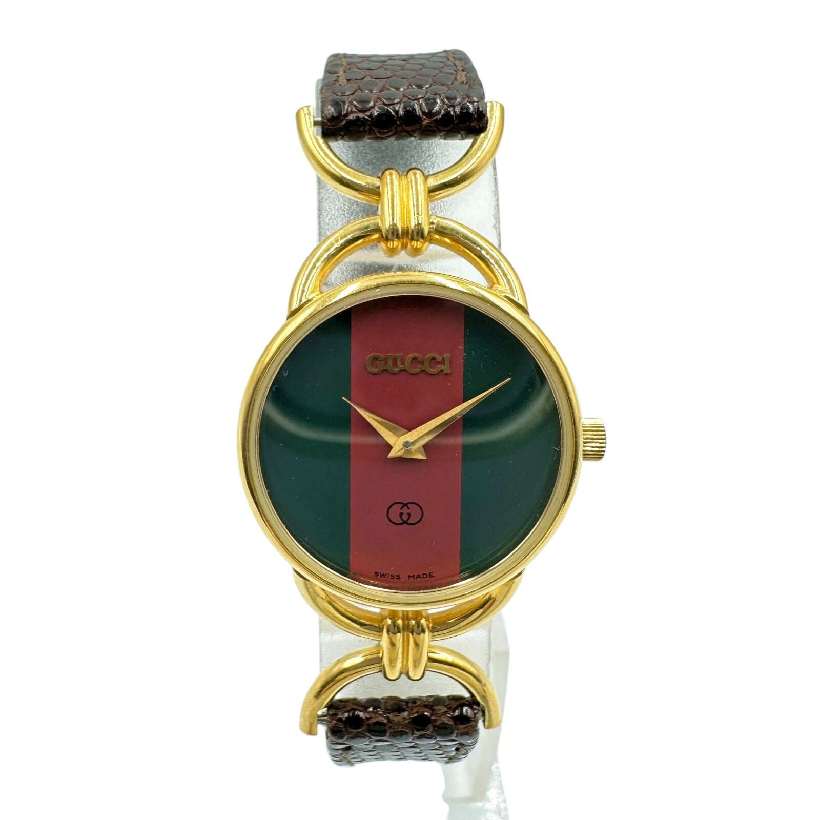 GUCCI Web stripe 6000L Women Watch Quartz  22mm Dark Brown Leather Gold Metal