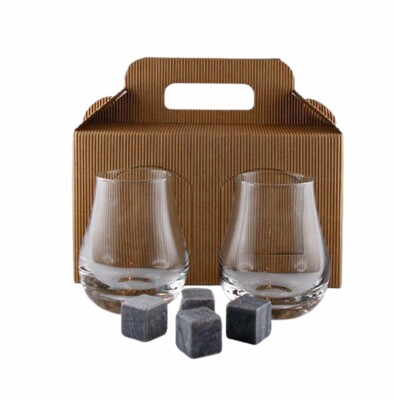 Geschenk 2 Whisky Spey Tumbler Urban Gläser + 4 Whiskey Steine Tasche mit Griff