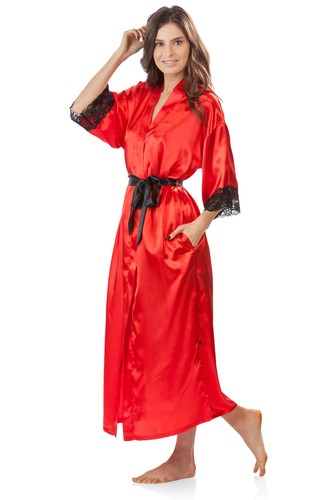Ashford & Brooks Women's Long Satin Kimono Robe Floral/Solid Lace Lingerie Gown - Picture 15 of 21