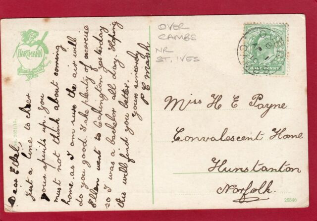 Over Cambs 1910 Single Circle Postmark Nr St Ives on Norwich pc AN85