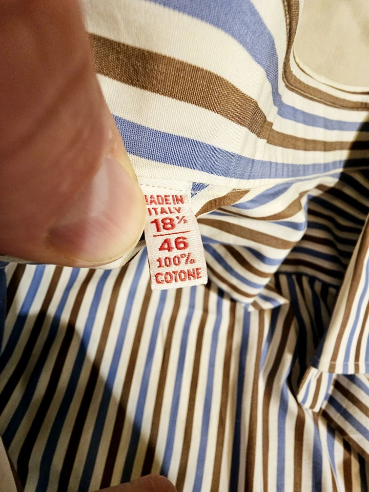 Camisa Isaia Algodón Rayas Blanca con Rayas Azules y Marrón Hecha a Mano en Italia $695 Foto 4 de 4