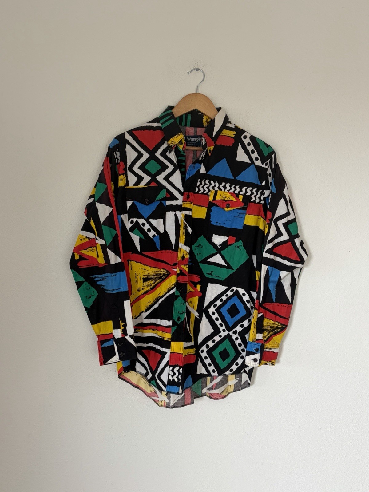 VTG 80s Wrangler Cowboy Cut Long Tail Western Shirt Abstract Art 16-35 Used Mens