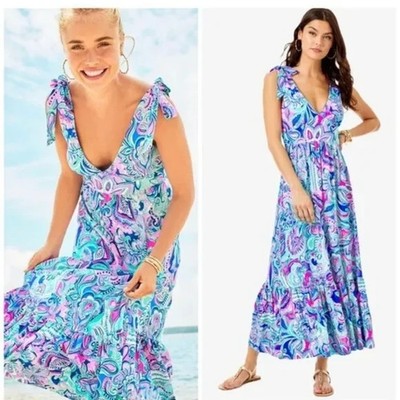 lilly pulitzer maxine midi dress Lilly Pulitzer Maxine Midi Dress Living Dream Fit Flare Pink Green Blue White 6