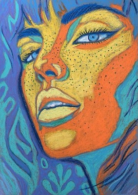 Original Oil Pastel Portrait Painting Freckles Woman Face Pop Art