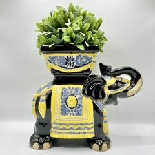 Vintage Boho Yellow & Blue Glazed Ceramic Ele...