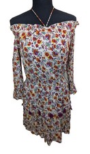 Raga Mini Tunic Dress Floral Tassel Shirred Bohemian Off Shoulder Size Small