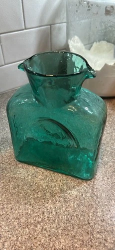 VINTAGE BLENKO GLASS DOUBLE SPOUT WATER BOTTLE CARAFE VASE PEACOCK BLUE