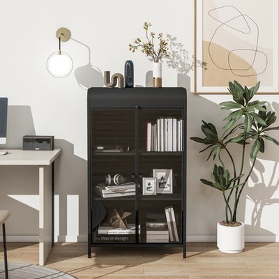 Storage Cabinet W Glass Doors Flip-Top Lid Four Shelves Includes Open Shelving