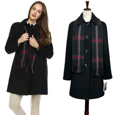 London Fog Black Wool Blend Peacoat Womens Preppy Winter Coat Plaid Scarf Size S