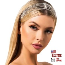 Rhinestone Head Chain Forehead Bridal Headband Elastic Crystal Hair 1-Silver