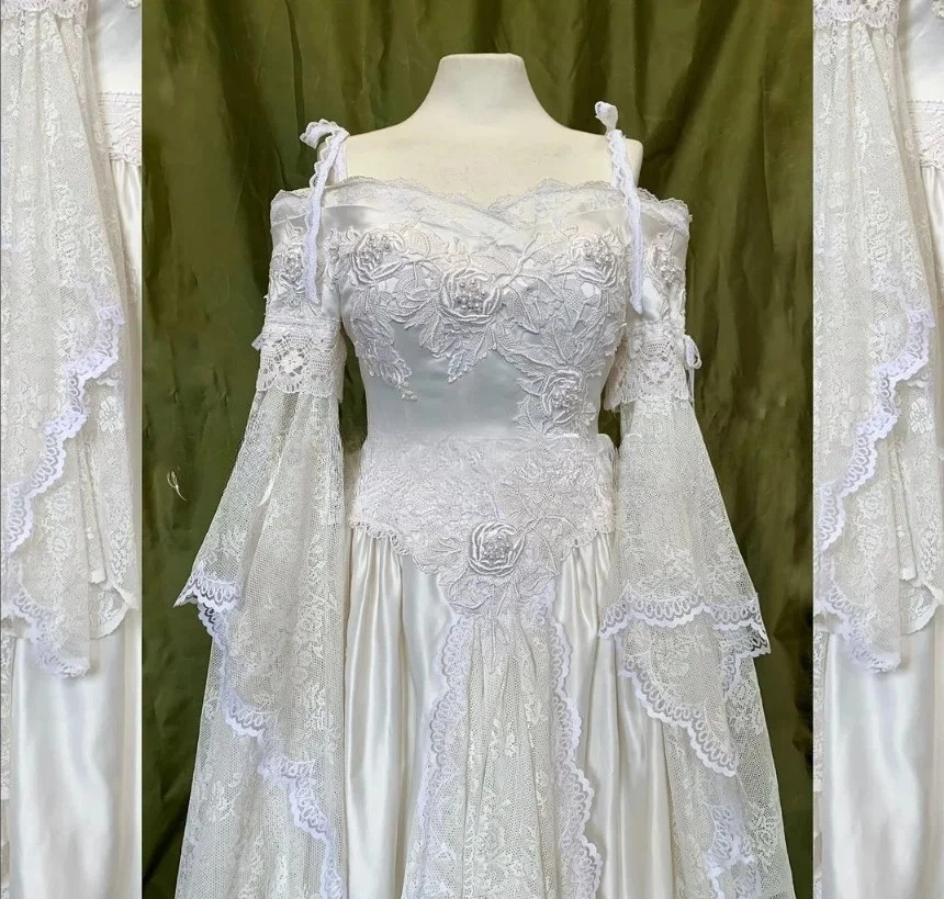 Vintage Medieval Wedding Dresses Customisation White Strapless Fairy Long Sleeve - Image 3 of 4