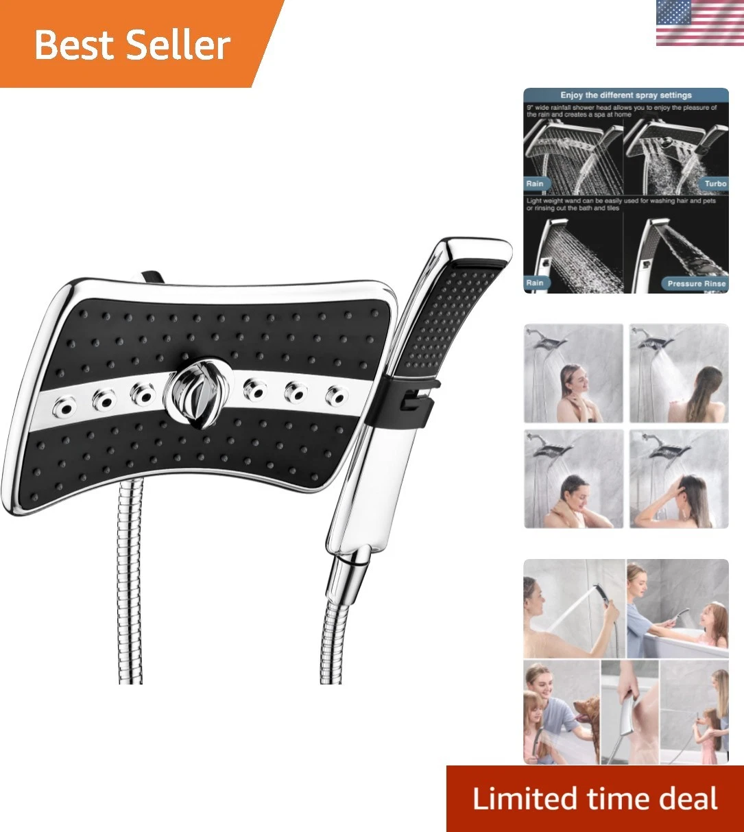 High Pressure Dual Shower Head Combo Rainfall Handheld Chrome Shower Set
Opens in a new window or ta