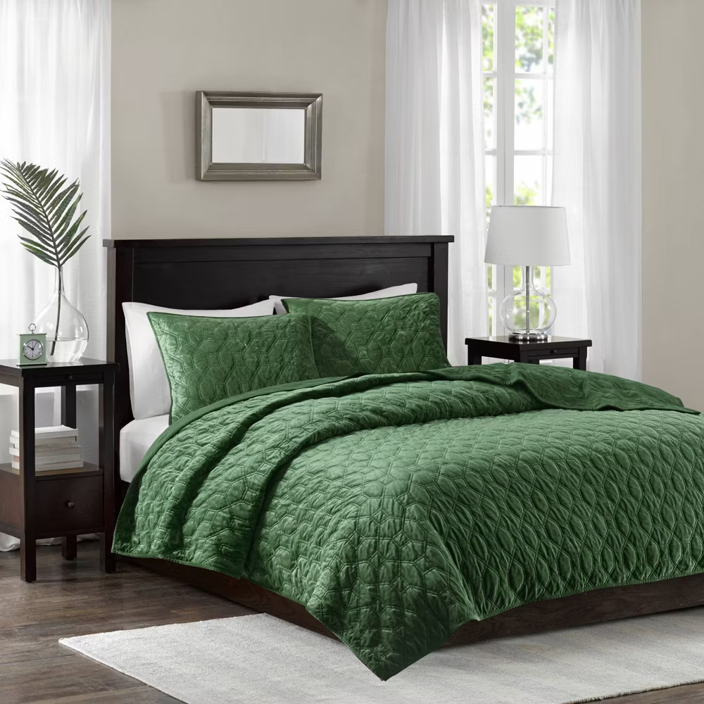 Mercer King/California King 3pc Faux Velvet Reversible Coverlet Set Olive