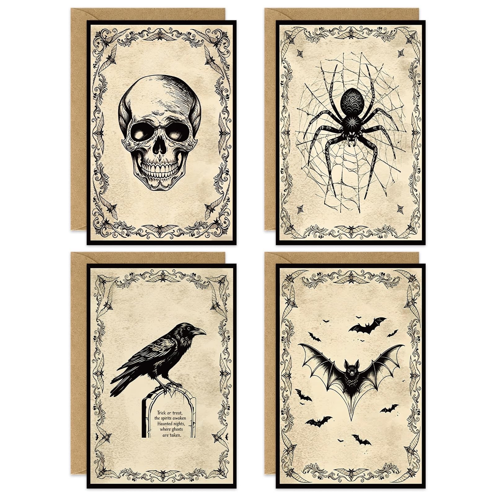 24 Packs Halloween Greeting Cards Vintage Black Bat Crow Spider Skull Blank Note