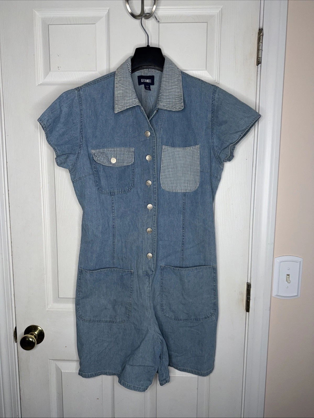 Gitano 80s Denim Jean Romper Jumpsuit Shortall Outfit Pockets Cotton Blue Vintag