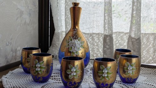 Venice Murano Glass Set 7 Handcrafted Blue and Gold Art Collectible