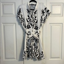 ZARA Linen Shirt Dress Floral Ecru Black Large Belted Button Front Monochromatic