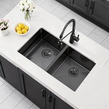 32"x19" Black Undermount Double Bowl Kitchen Sink 50/50, Stainless Steel Sinks