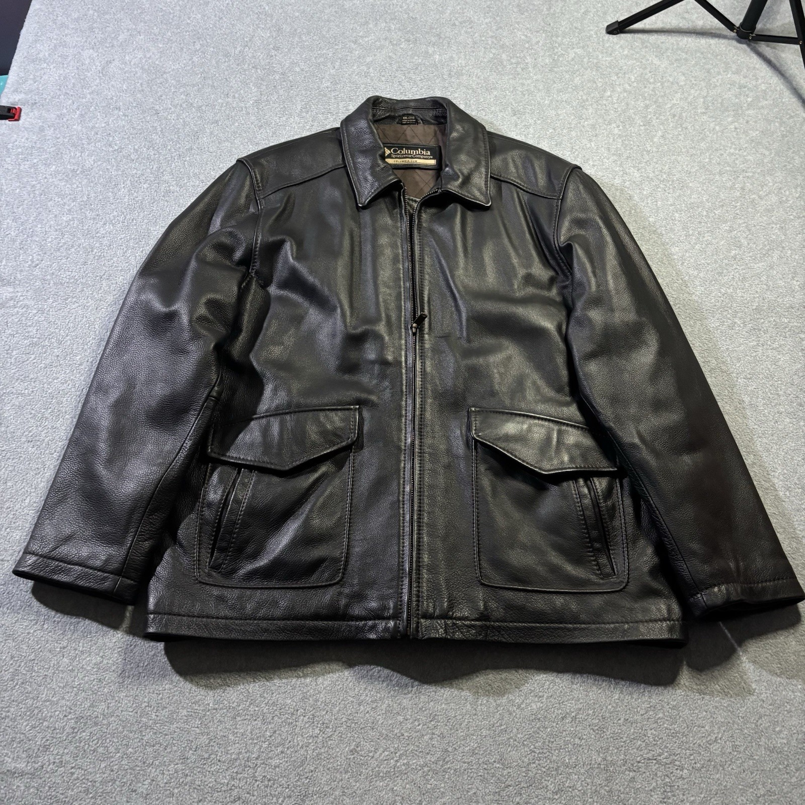 Columbia Sportswear Vintage Men XXL Black Leather Bomber Flight Jacket Coat Y2K