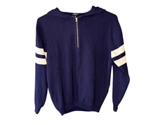 J Peterman 1/4 Zip Hoodie Mens Large Striped Sleeve Navy Blue Heavyweight Cotton