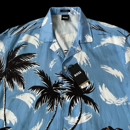 HUGO BOSS Blue Hawaiian LARS Short Sleeve Button Front Lyocell Shirt Medium $148 - Picture 2 of 7