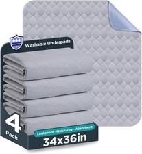 Washable Bed Pads 34" x 36" - 4 Pack, Grey, Waterproof Bed Pads for Incontine...
