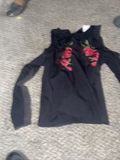 Dizzy Lizzy Shirt Womens Large Blk Rose Print Ruffle Tunic Roll Tab Sleeve