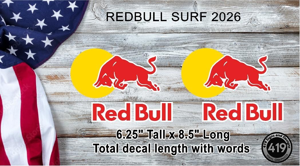 Red Bull Surfboard Decal Stickers (Qty 2, Facing Left) – New