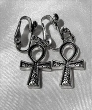 ANKH Textured Clip On Drop Dangle Earrings, Gothic, Mystical, Egyptian, Art Deco