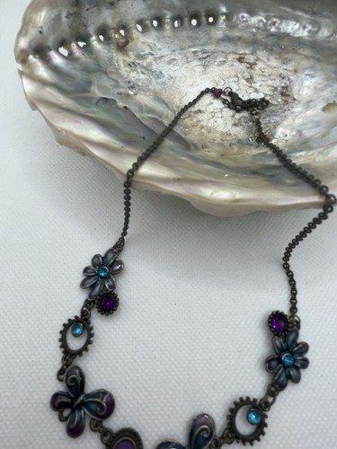 Brass Tone Enamel & Glass Bead Green & Purple Y Drop Bead Necklace Retro Classic - Picture 11 of 11