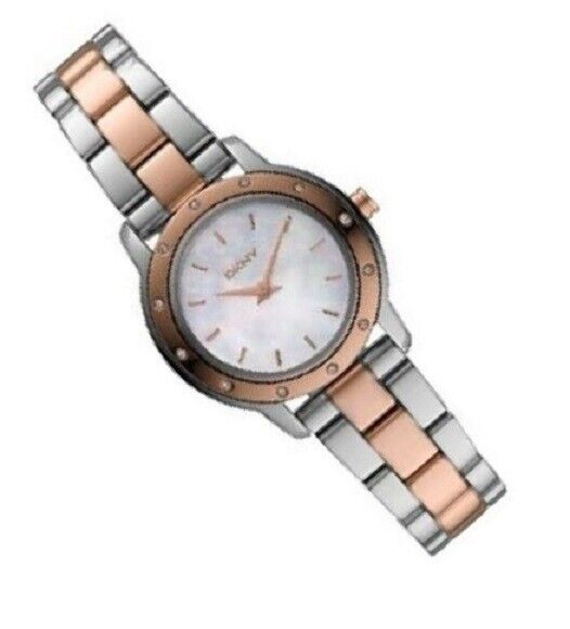 NEW-DKNY TWO,2 TONE ROSE GOLD+SILVER S/STEEL+MOP,CRYSTAL SMALL DIAL WATCH NY8350 GORĄCE, obfite