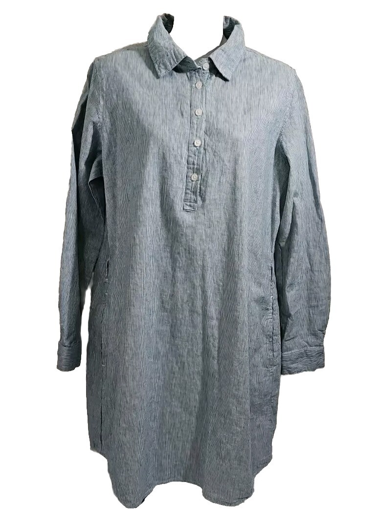 NWT Freedom Trail By Kyodan Large Shirt Dress Linen Blend Pinstripe Blue  White
