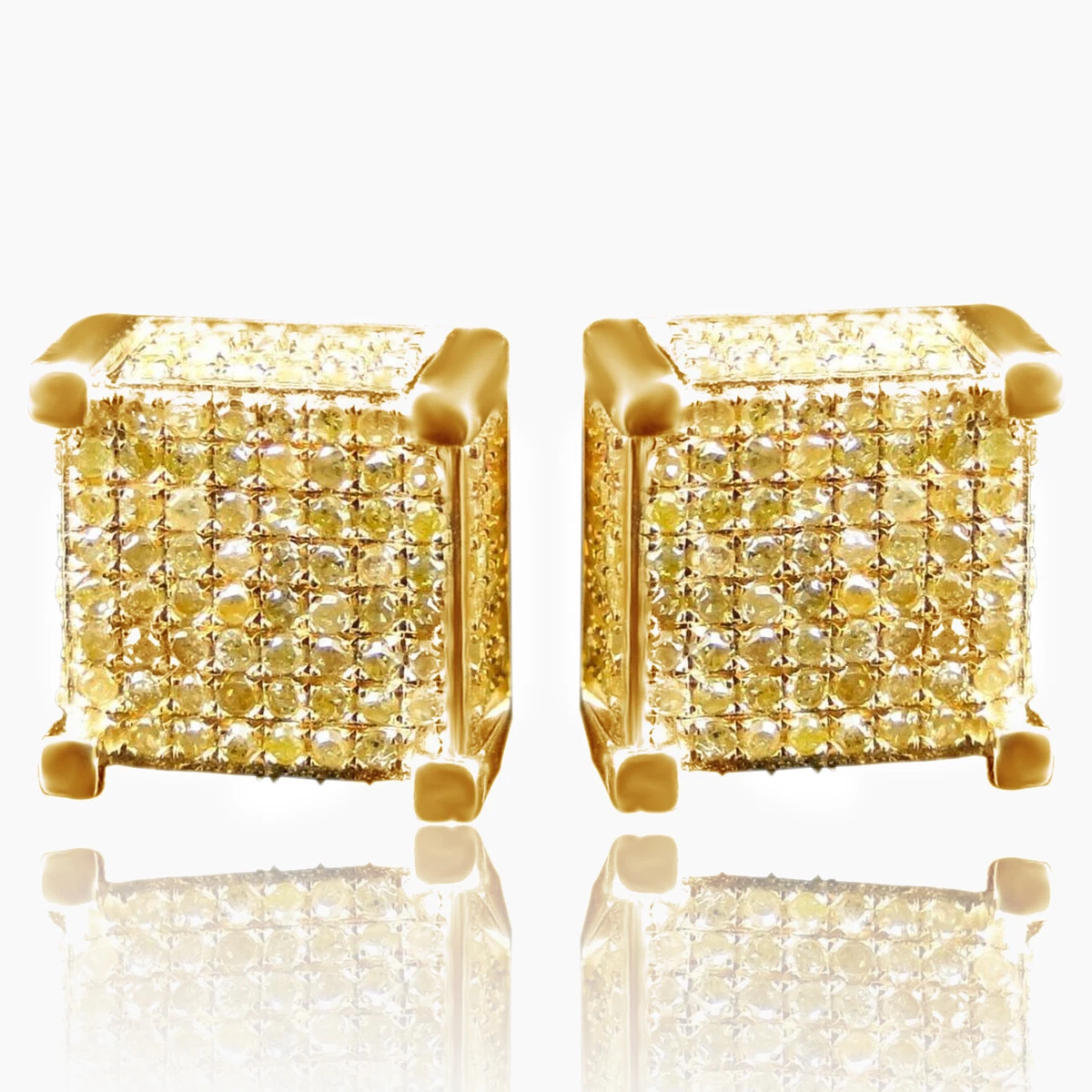 1 Carat Pave Diamond Stud Earrings 10K Yellow Gold Cube Shape