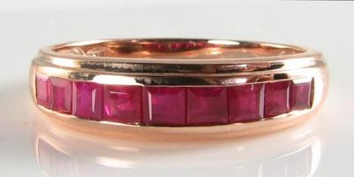 9K ROSE GOLD INDIAN RUBY CHANNEL SET  ETERNITY BAND PRINCESS CUT RING 