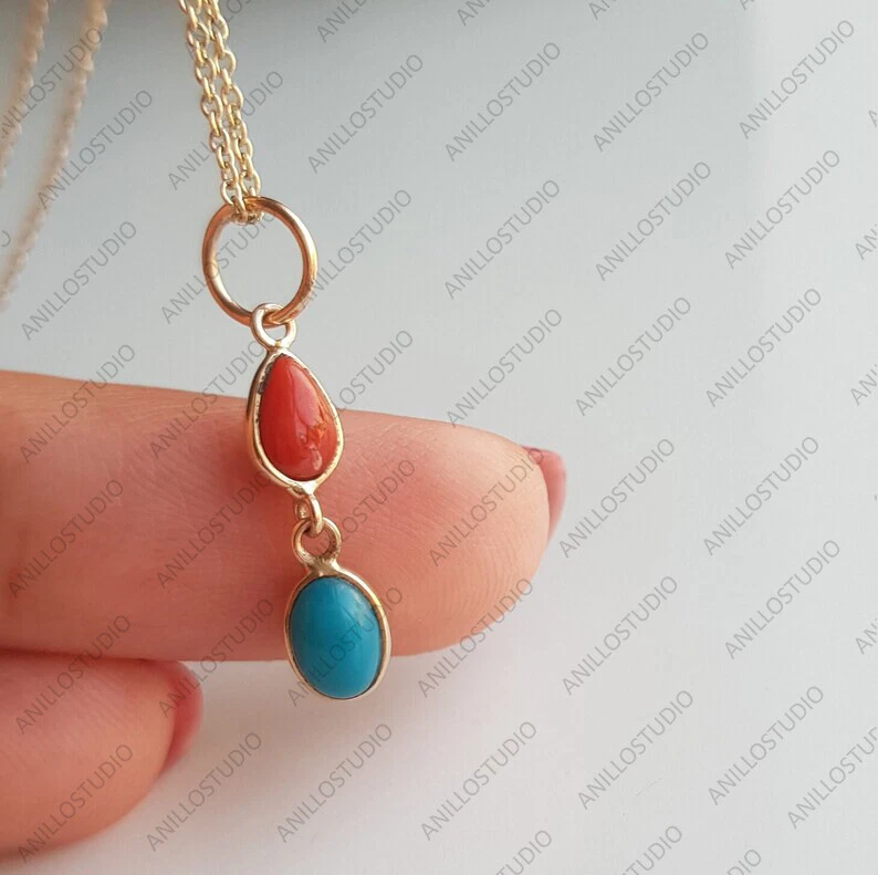 Colgante Gota Ovalada Coral Natural y Turquesa Para Collar Joyería Oro Amarillo 14k Foto 3 de 4