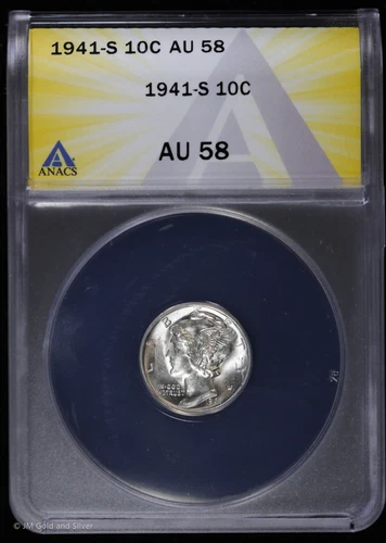 1941 S 10c Silver Mercury Dime ANACS AU 58 | About (almost) Uncirculated