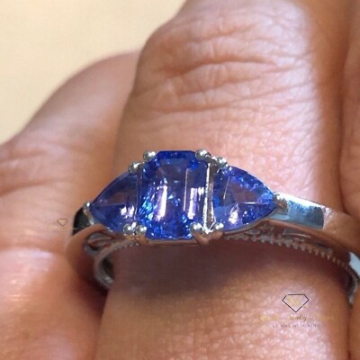 Smaragd & Trillion Schliff Tansanit 3 Steine 925 Sterling Silber Solitär Ring