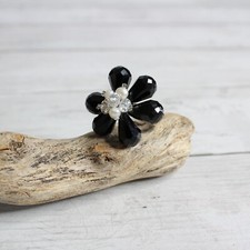 Handcrafted Women's Black Flower Ring White Cultured Pearls Artisan Jewelry