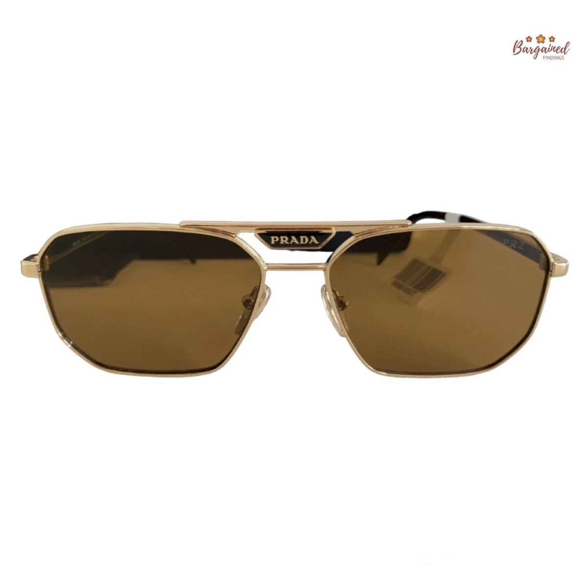 Auth Prada Pale Gold Metal Rectangle Sunglasses Brown Polarized