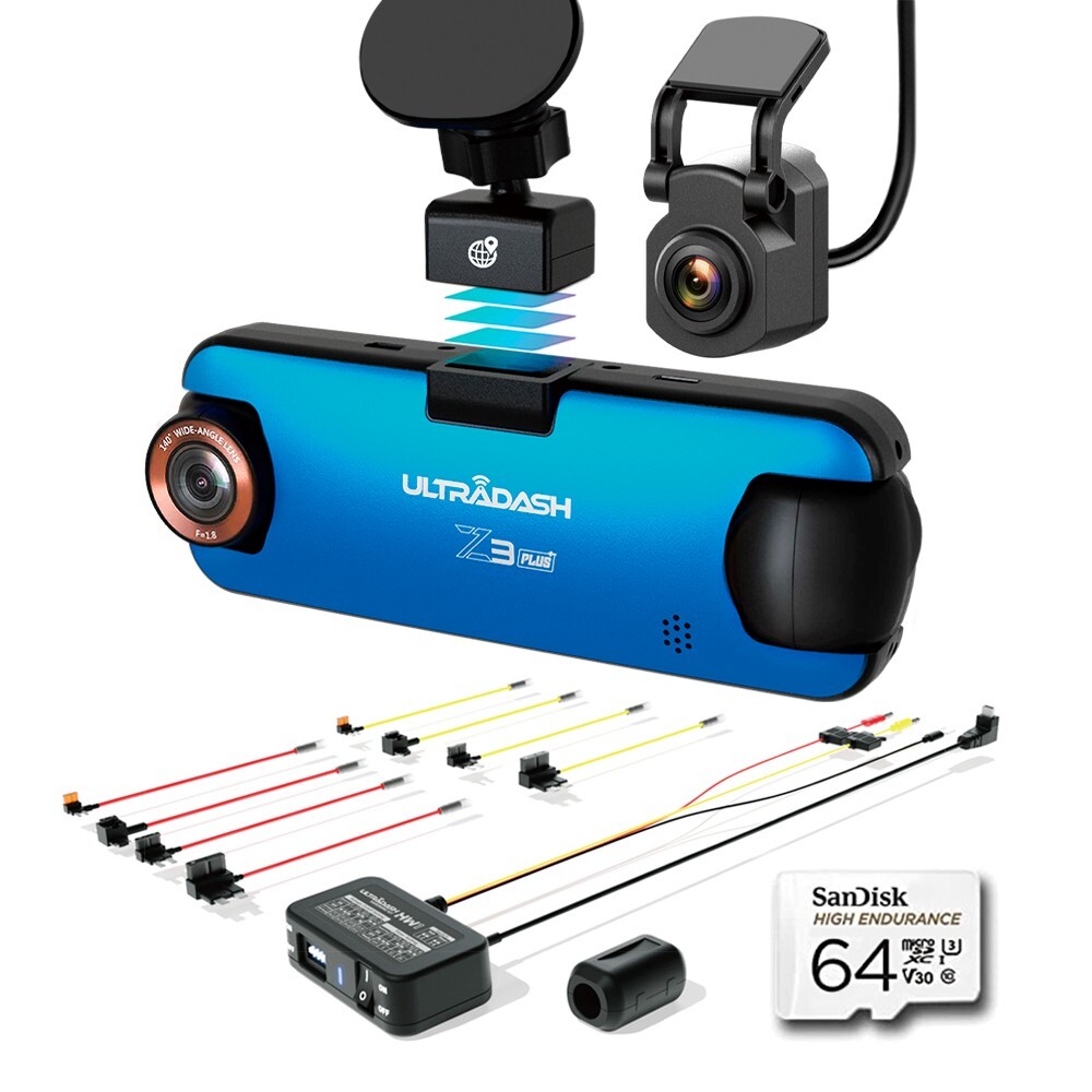 UltraDash Z3+ Dash Cam Bundle with R1 Rear Cam, HW1-B, and 64GB SD Card-image
