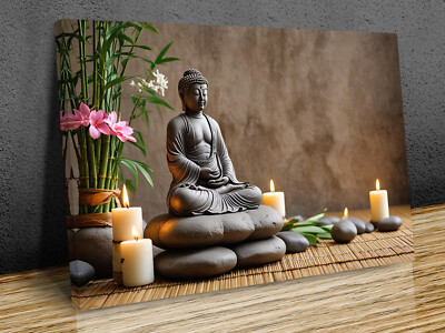 Buddha Sculpture  Meditation Zen Candles Lotus Flowers mounted canvas print