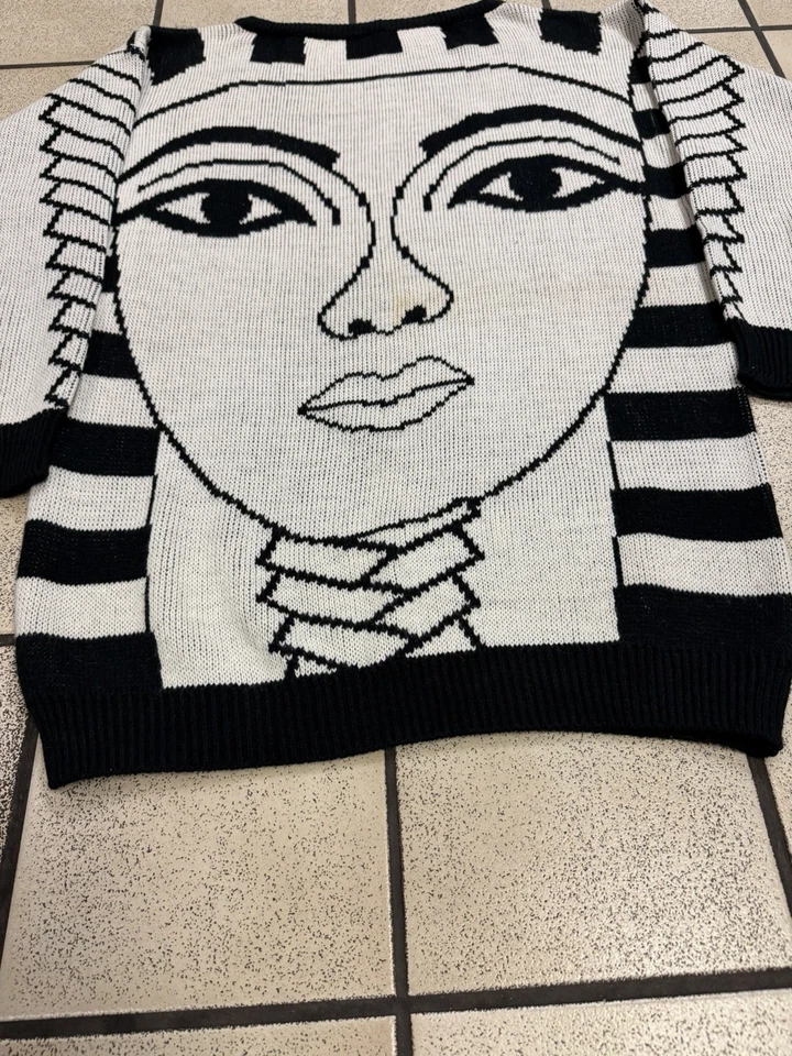 Suéter Vintage Años 80 King Tut Tejido Egipcio Funciona Estampado Nueva Ola Negro Blanco M Foto 2 de 4