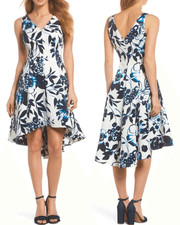 Eliza J white & blue floral hi lo full skirt v-neck formal party dress womens 12
