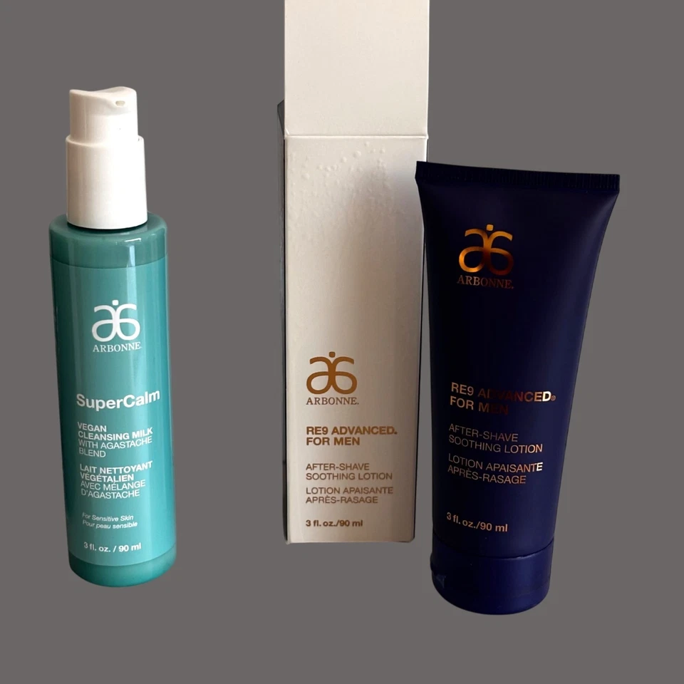 Arbonne Mens Skincare Set Cleansing Milk RE9 After Shave Lotion Soap Set 3 - Image 2 of 4