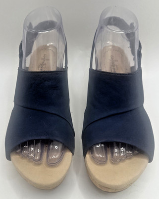 Clarks Collection Womens Black Leather Wedge Sandals Slingback Comfort Shoes 8