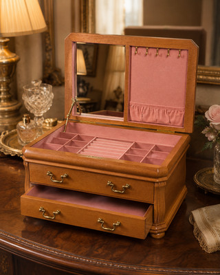 Vintage Solid Wood Jewelry Chest Mirror Pink Lined Drawers Made in Taiwan