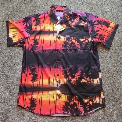 Dixxon Flannel Maui Nights Aloha Hawaiian Palm Tree Orange Black Party Shirt. L